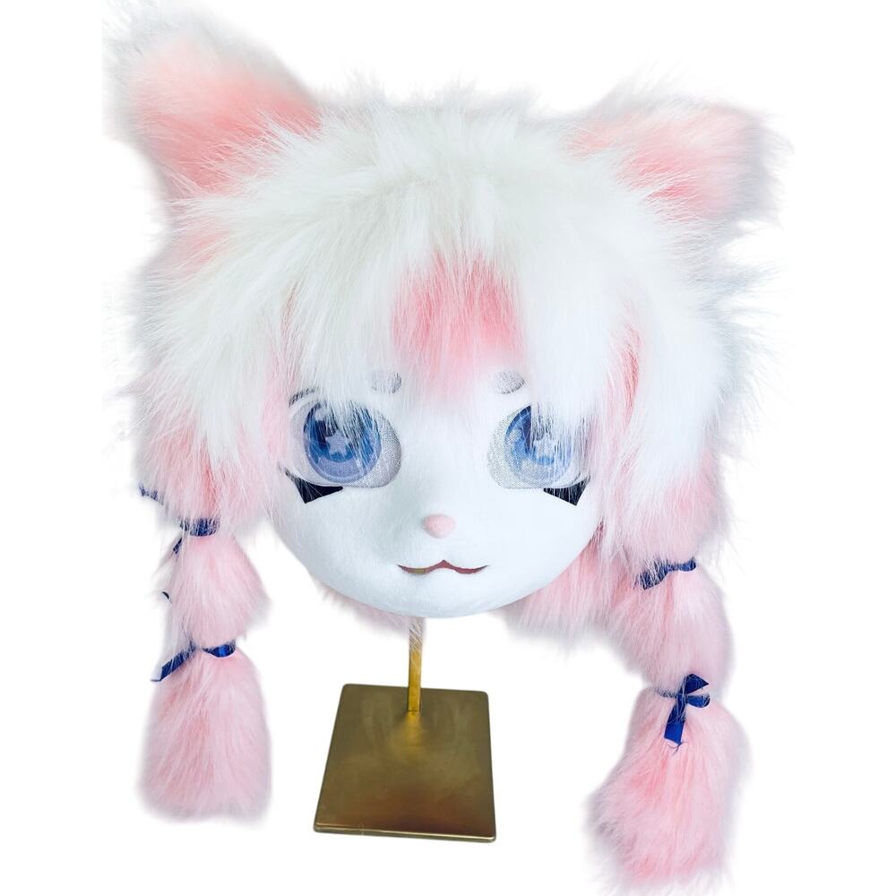 KAWAII Pastel Pink Plush Furry Faux Fur Full Head Mask Flexible Ears Large Eyes